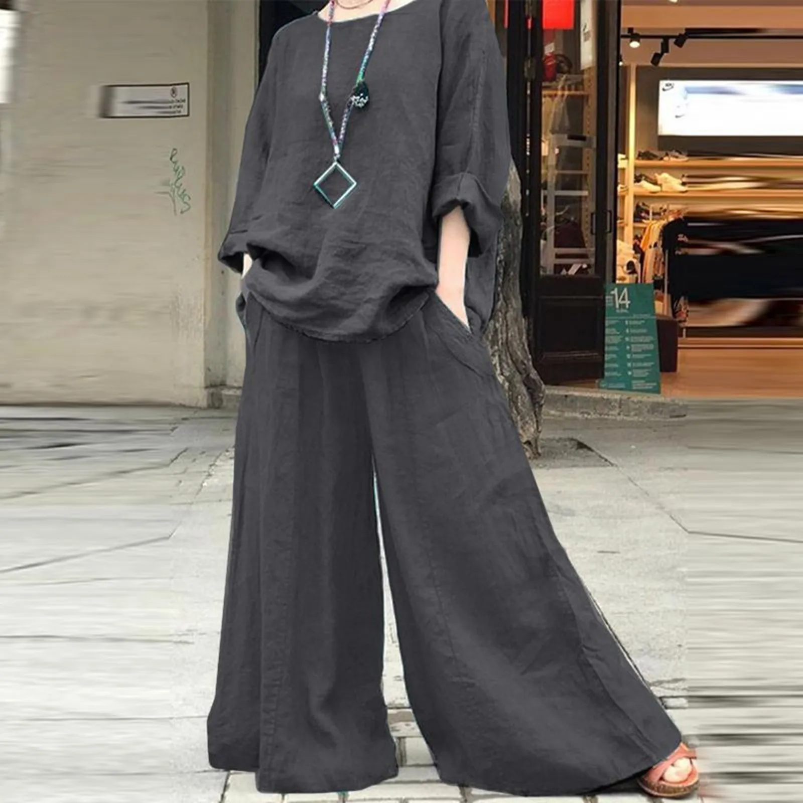 Women Fashion Casual Wide Leg Pant Set Loose O-neck Long Sleeve Shirt High Waist 2 PCS Set Chic Lady Holiday High Street Suit