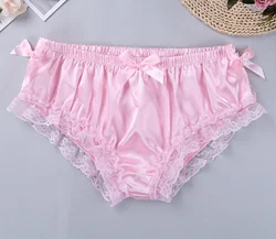 Fashion Hot Sale Sexy Princess Pink Satin Lace Underwear Sissy Gloss Underwear Pleated Lantern Pants Layered Underwear