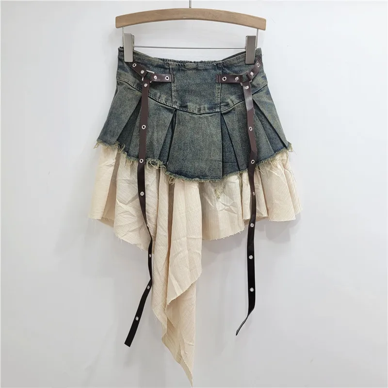 Vintage Denim Pleated Mini Skirt Women Irregular Patchwork Layered Skirt with Rivet Belt Y2K Streetwear Bottoms - view 3