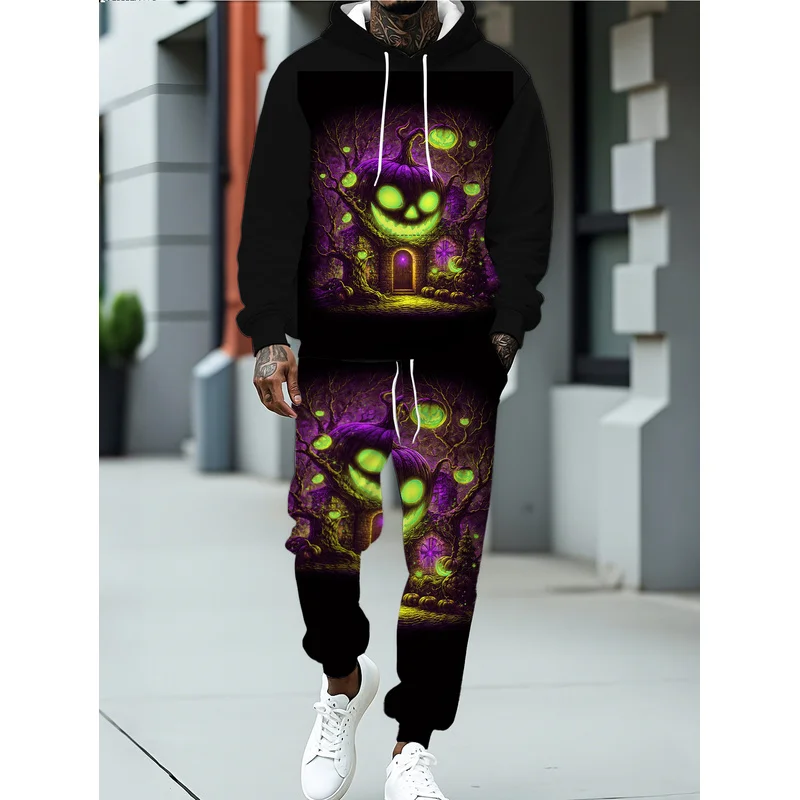 Men'S Fashion Hooded Sports Shirt Set, Casual Hooded Sports Shirt With Same Color Pants, Men'S New Top+Pants 2-Piece Set