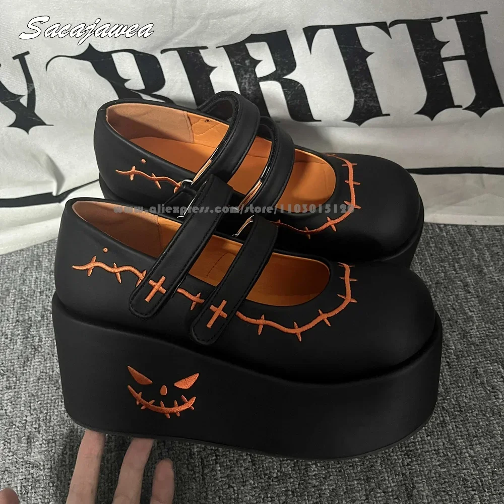 

Mary Jane Hook&Loop Chunky Heel Modren Boots Punk Style INS Fashion Casual Cool Girl Boots Round Toe Platform Embroidery Shoes