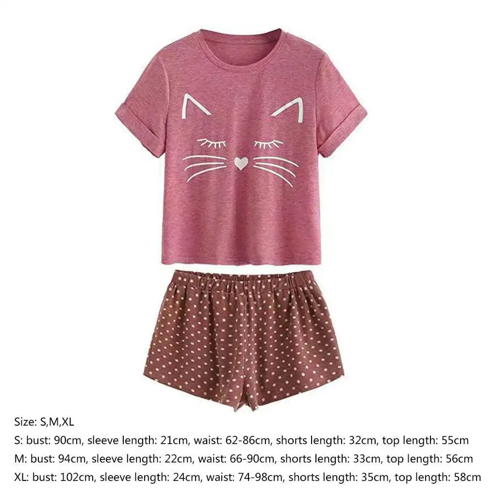 طقم ملابس نوم كاجوال للسيدات، بيجامة بأكمام قصيرة، شورت علوي كارتوني