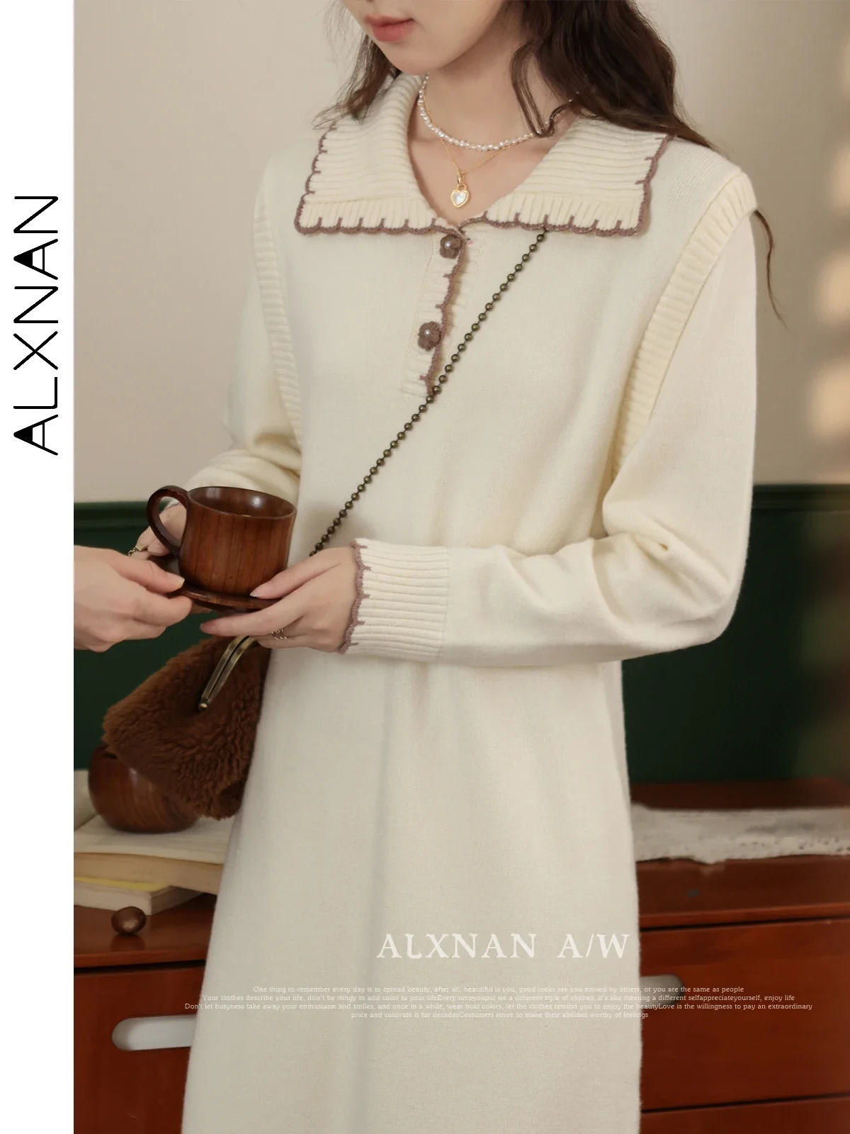 

ALXNAN Lapel Knit Sweater Dress Woman 2024 Fall Winter Off-white Elegant Long Sleeve A-line Flower Buttons Midi Dresses LXN32708