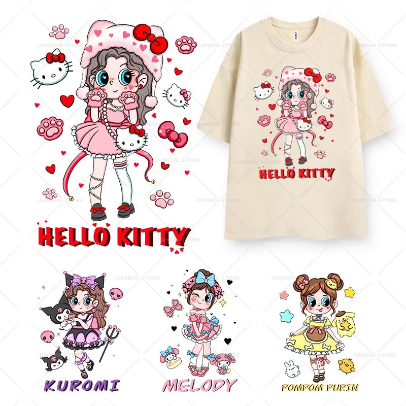 Hello Kitty Girl Printed Stickers Iron on Heat Transfers for Clothes Cartoon Cute Sanrio Girls Thermal on T-shirt Appliques DIY