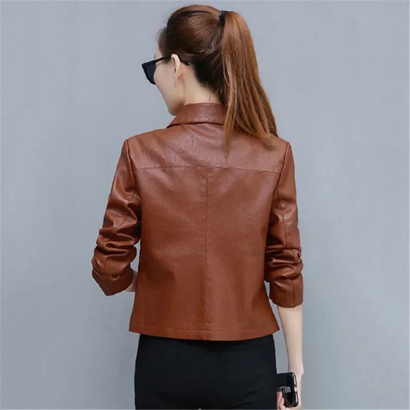 Leather Jacket Women Caramel 3XL 4XL Plus Size Short Slim PU Coat 2024 New Spring Autumn Korean Fashion Chic Moto Clothing