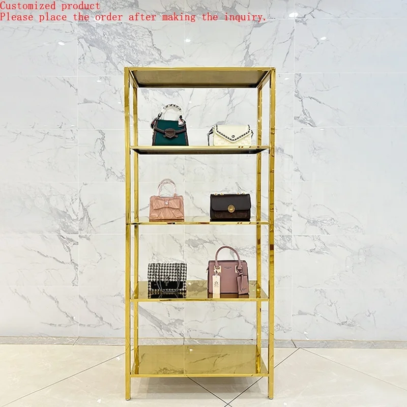 

Retail Store Design Shelves Display Stand Boutique Golden Shelf Rack Display Handbag Custom logo