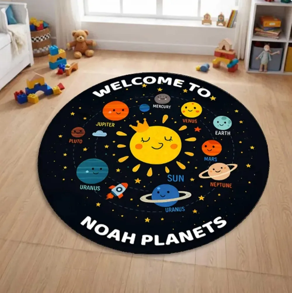 Colorful Space Solar System Round Floor Mat Cartoon Planet Carpet Educational Decor Rug For Kids Bedroom Living Room Home Decor