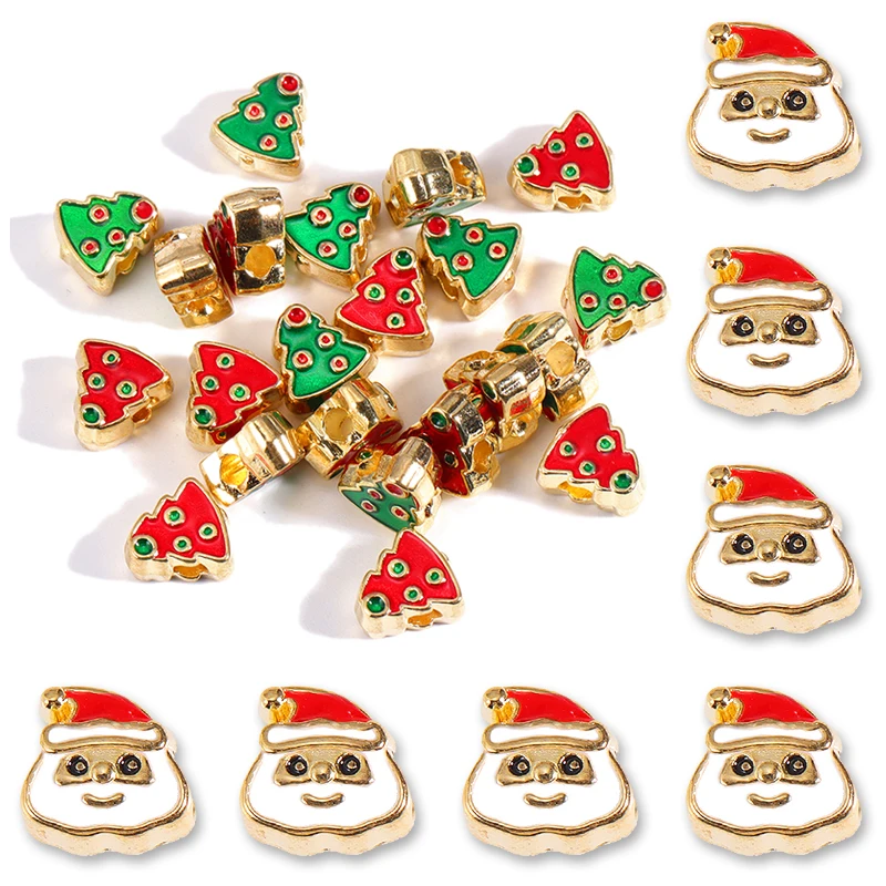 6Pcs Enamel Christmas Tree Santa Claus Large Hole Alloy Spacer Beads for Women's Bracelet Christmas Jewelry DIY Ornament Gifts