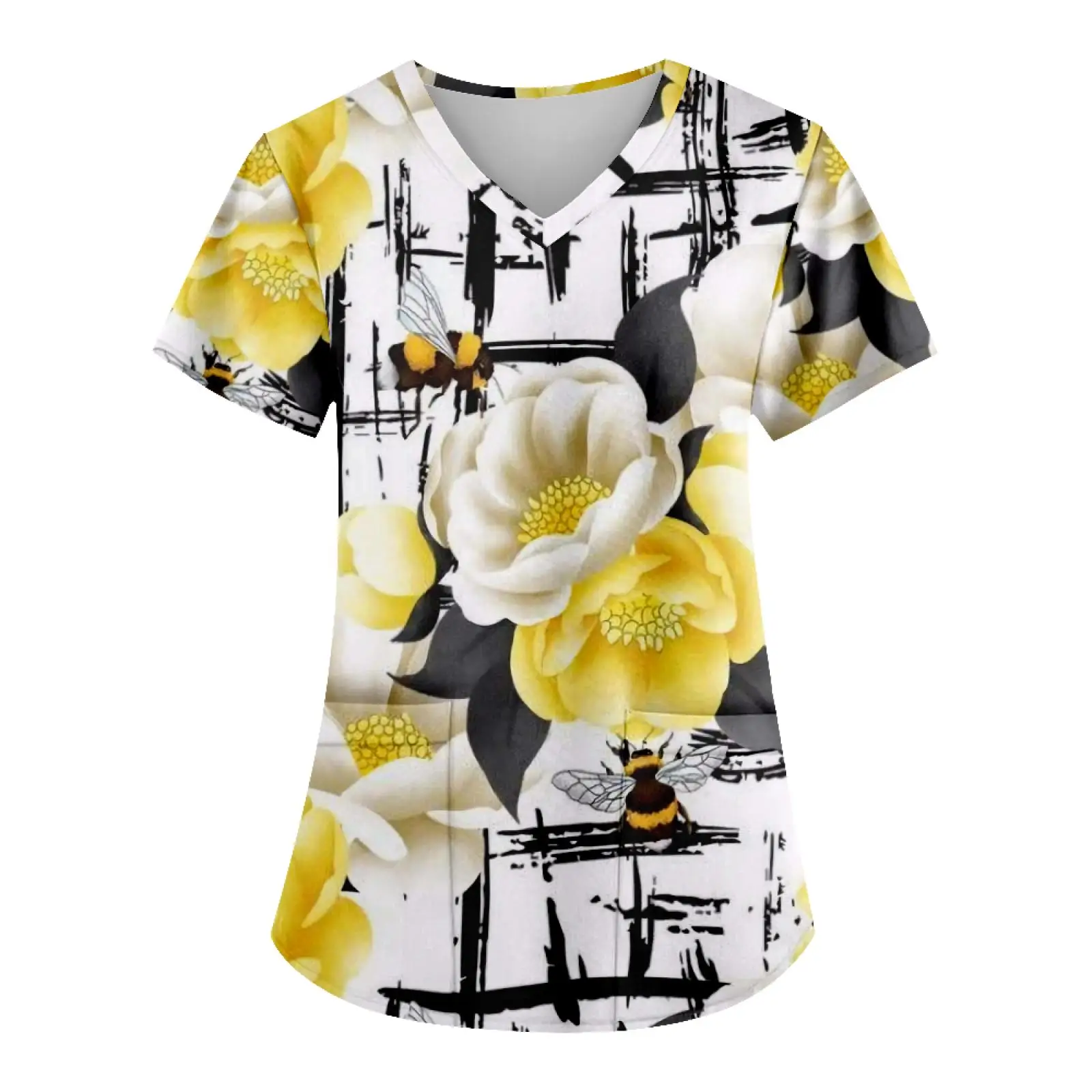 Uniformes de enfermera para mujer, uniforme de trabajo con cuello en V y estampado Floral a la moda, camiseta con bolsillos, Top de manga corta, verano 2024