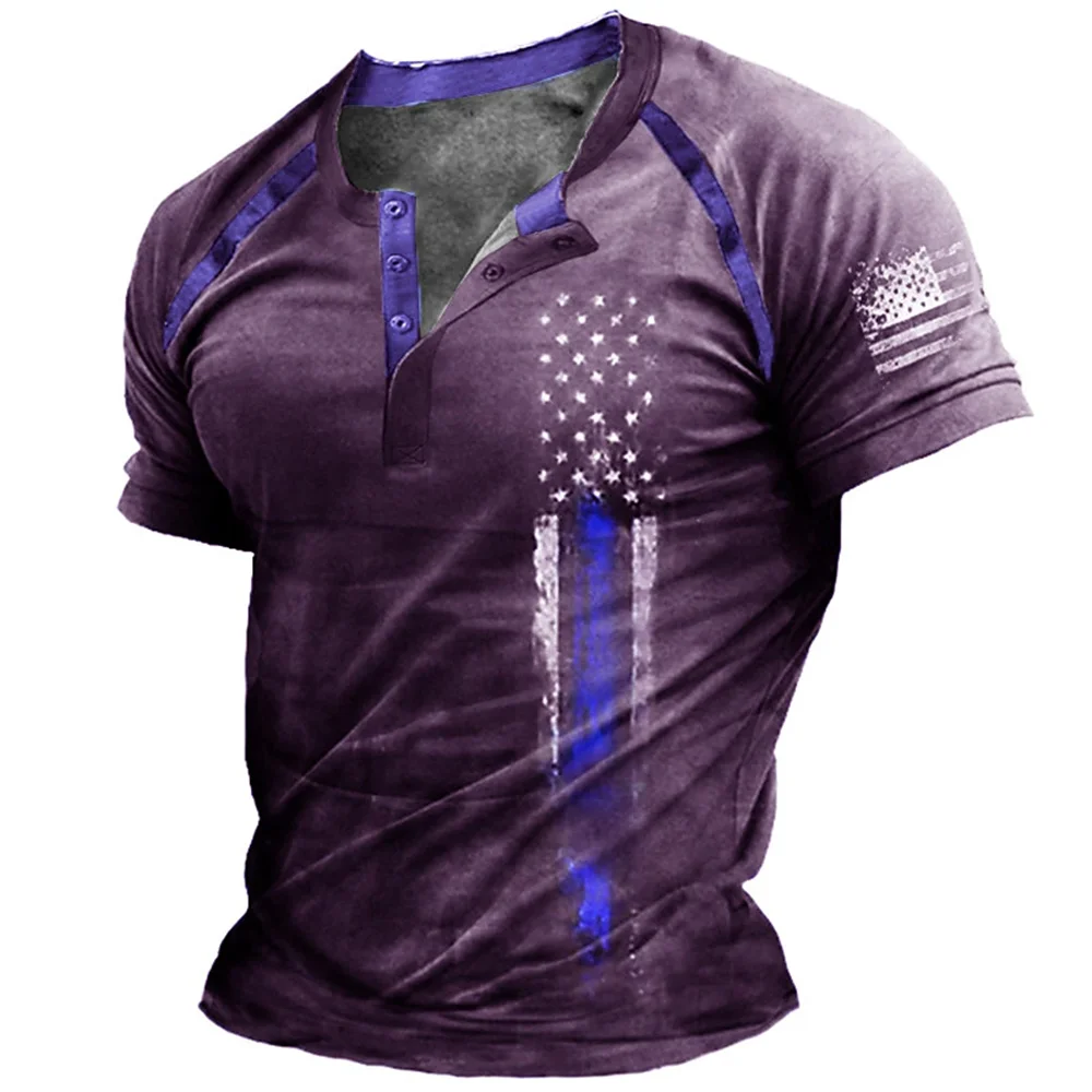 Funny 3D American Flag Print Men's Henry Shirt Fashion Henry Collar Short Sleeve Tops Summer Street Vintage Clothes Casual Tees view 5