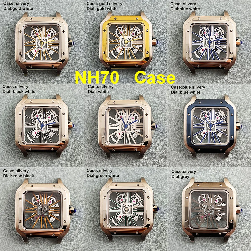 

New NH70 Square Case Men's Watch with Hollow Dial 38mm Case Suitable for NH70 Movement Watch Accessories