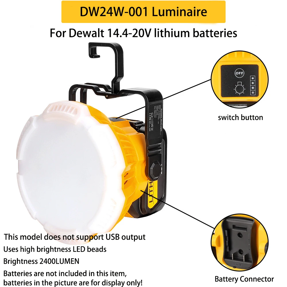 

For Dewalt 18V 20V Batteries 24W 2400LM LED Work Light Rechargeable Portable Light with Hook for Tent Workplace Ceiling Lighting