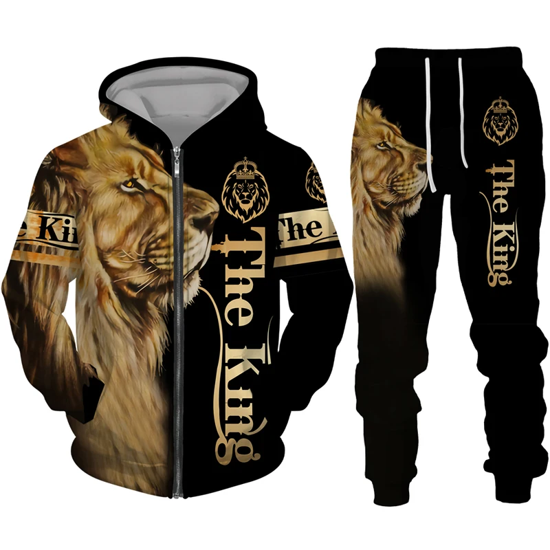 Europe and the United States spring and autumn men's and women's zipper hoodie set 3D printing fashion lion leisure sports trend