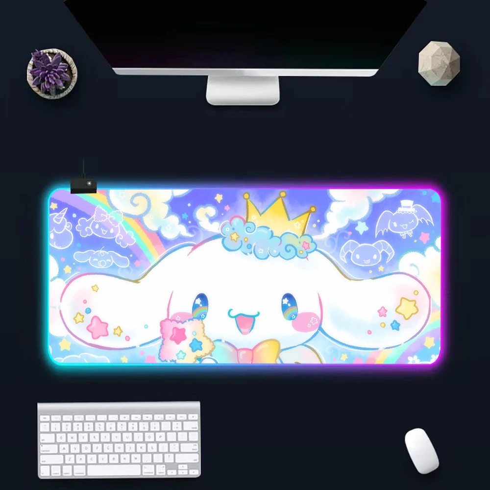 Cute Cartoon Cinnamoroll RGB Pc Gamer Keyboard Mouse Pad Mousepad LED Glowing Mouse Mats Rubber Gaming Computer Mausepad