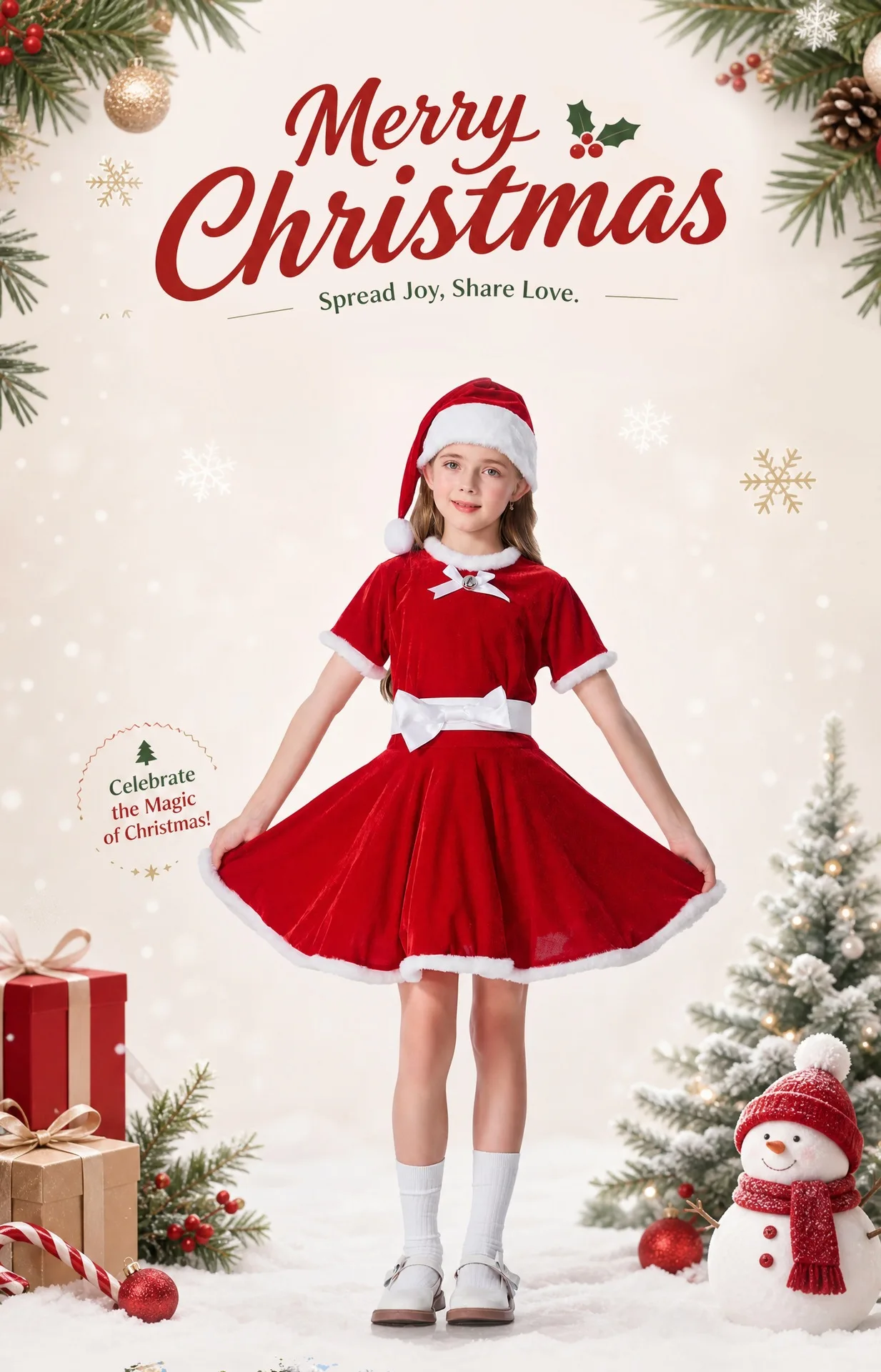 Niedliches Weihnachtskleid-Set für kleine Kinder, bestehend aus einem weiß gefütterten Rock mit flauschigem, weißem Rand, einer weißen Schleife und einer passenden Weihnachtsmütze. – Detail 1