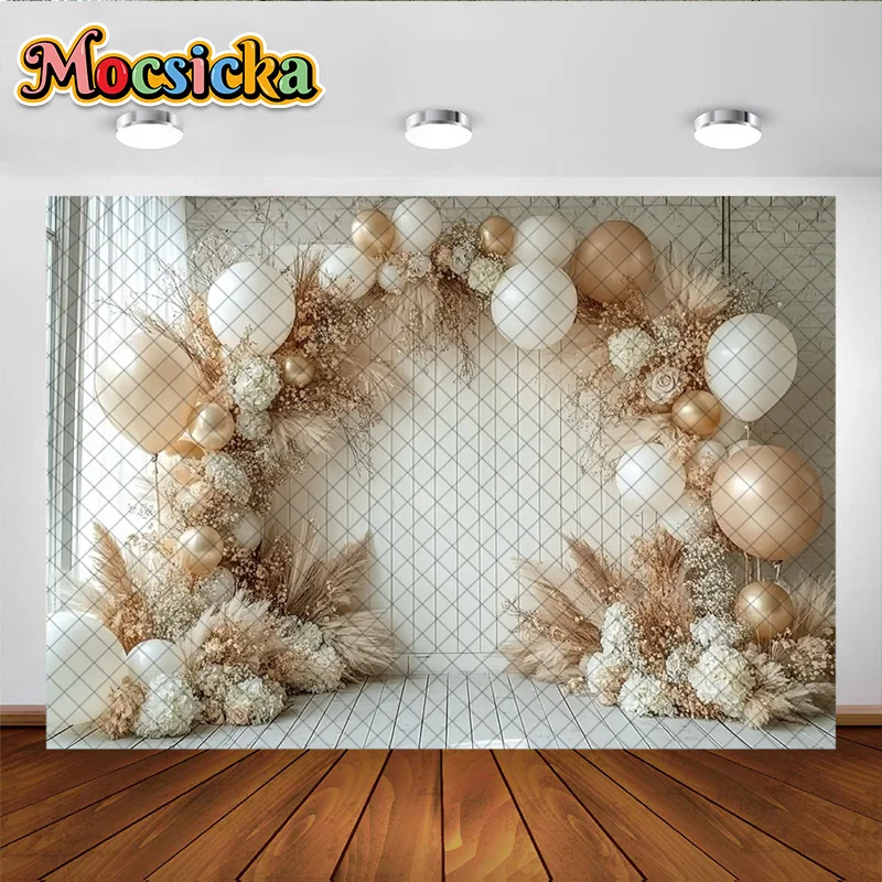 Mocsicka photographie fond Boho arc ballon décoration murale toile de fond pour bébé douche gâteau Smash fête bal bannière accessoires