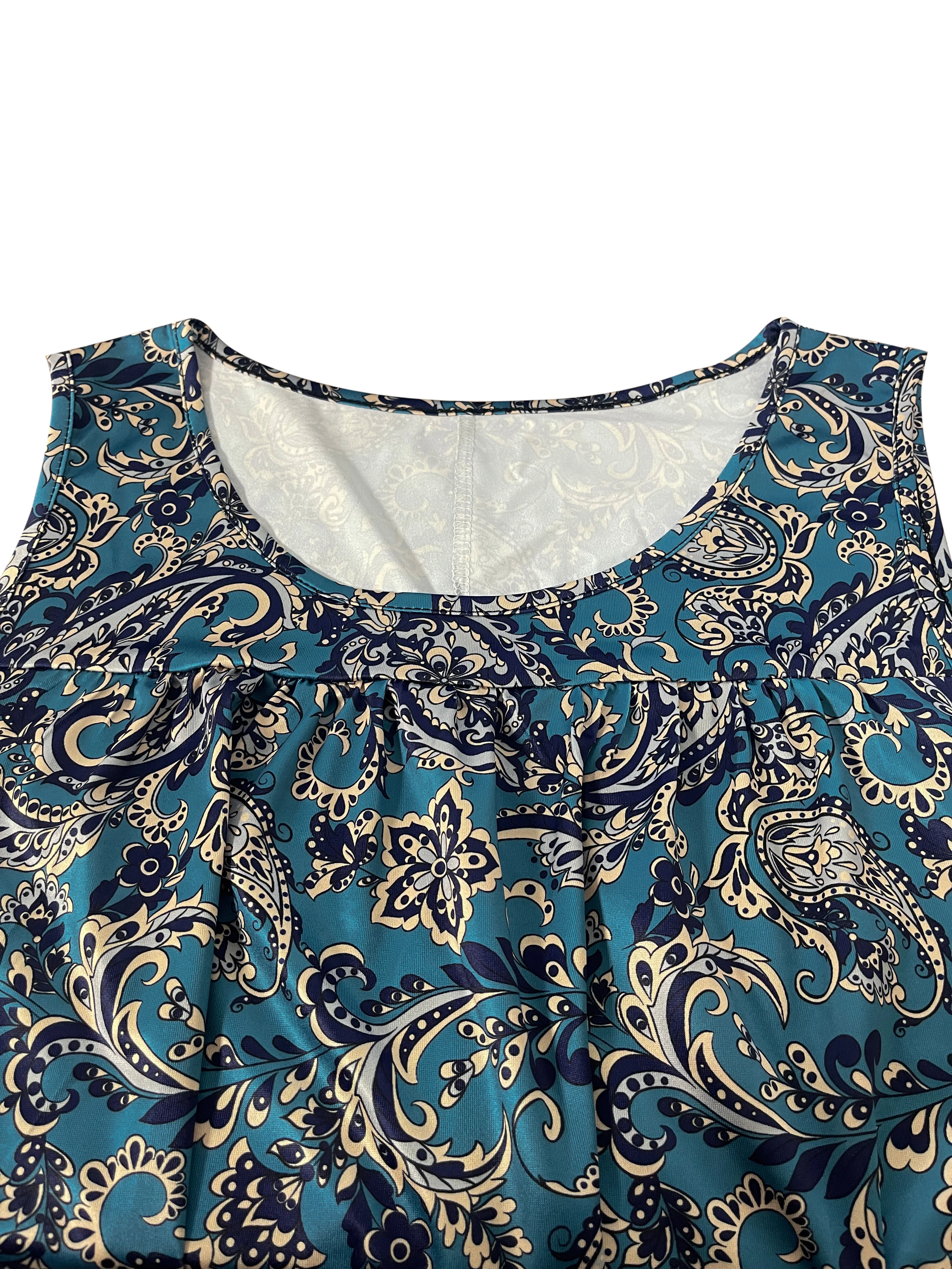 Plus Size Women’s Sleeveless Paisley Print Dress, Teal Blue Bohemian Style, Casual Summer & Daily Wear