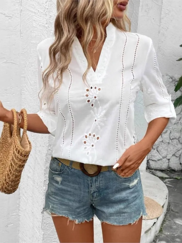 Moda gancho flor oco camisa para mulheres casual branco nove quartos com decote em v pulôver camisas topos senhora férias boho roupas novas