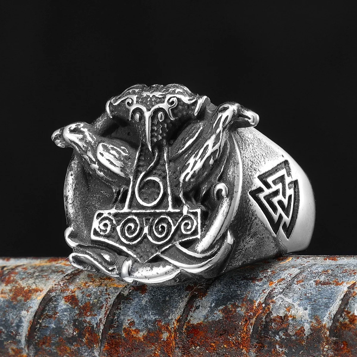 Viking Crow Ring Odin Triangle Stainless Steel Mens Ring Rock Vikings Hammer Vintage for Male Rider Jewelry Gift Dropshipping