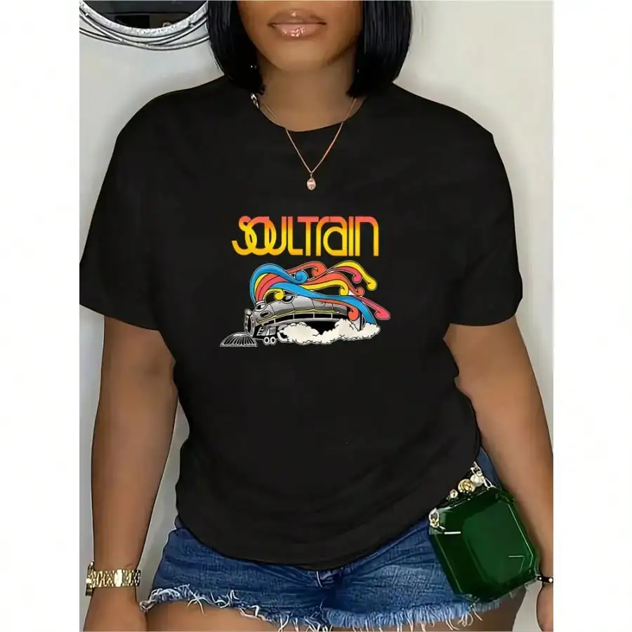 Soul Train Graphic Tee - Women'S Fashion Crew Neck Short Sleeve Sport T-Shirt, Knit Polyester Blend With Medium Stretch