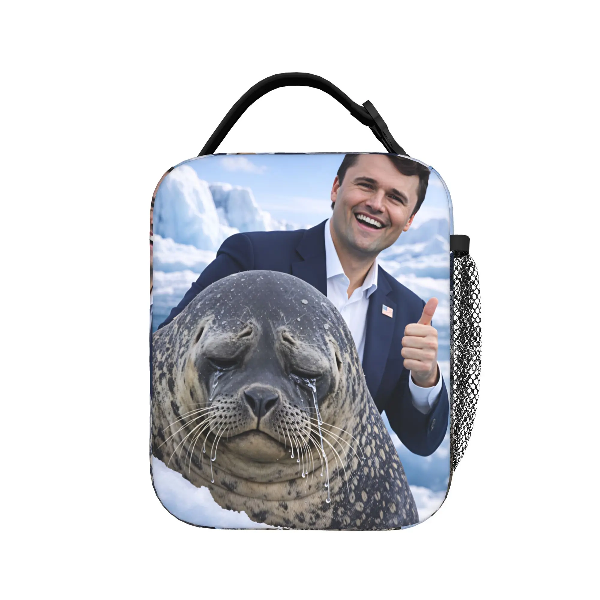 Charlie Kirk Crying Seal Arctic Meme Lunch Bag For Women Lunch Box Retro Picnic Cooler Bag Zipper Waterproof Tote Food Bags