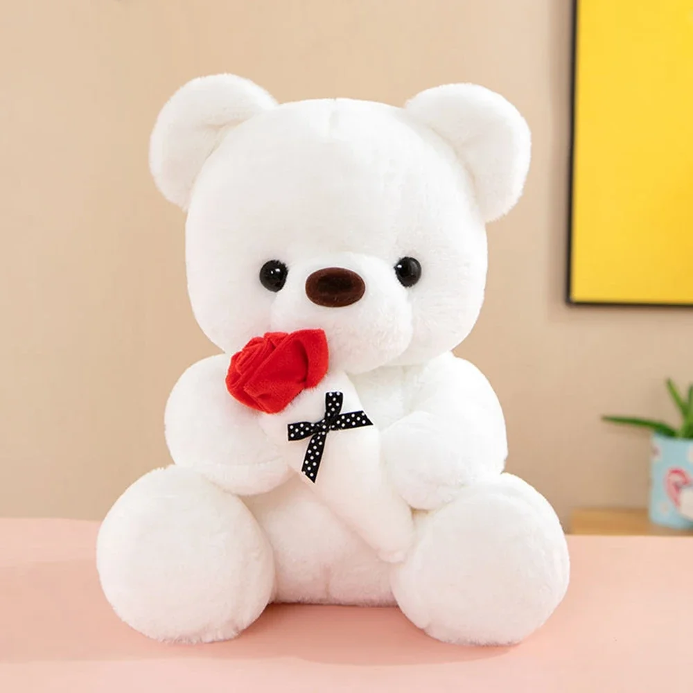 25CM Lover Rose Teddy Bear Holding Flowers Solid Color Super Soft Bear Doll Sent Lover Friend Birthday Festival Wedding Gift