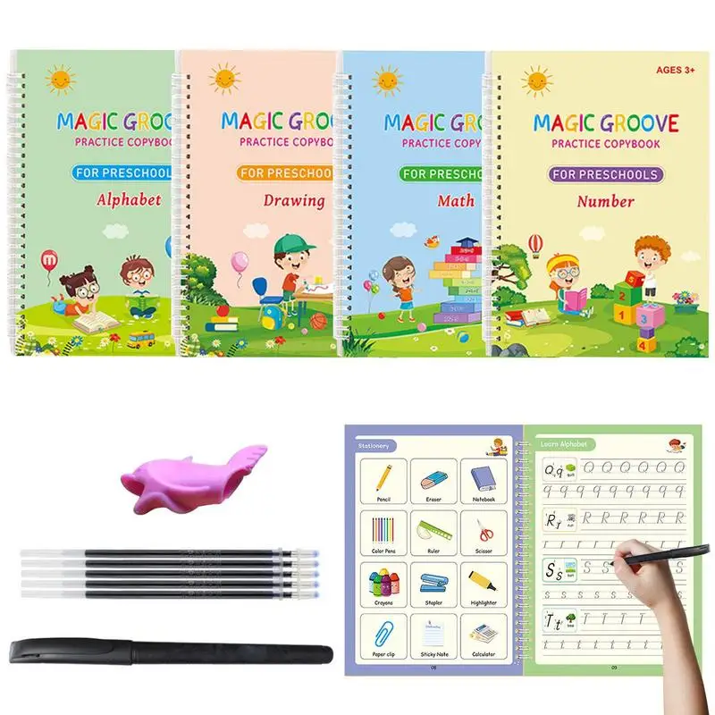 Magic Copybook For Kids 4PCS Sank Tracing Writing Book With Invisible Ink Pen Refill Beginners Grooved Practice Copybooks