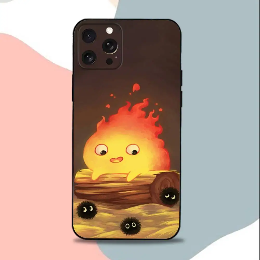 F-Fire C-Calcifer 可愛いスマホケース iPhone 15、13、16、12、11、17、14、Plus、Pro、Max、XS、XR、X、SE、Mini対応 ソフトシリコン製 ブラックカバー