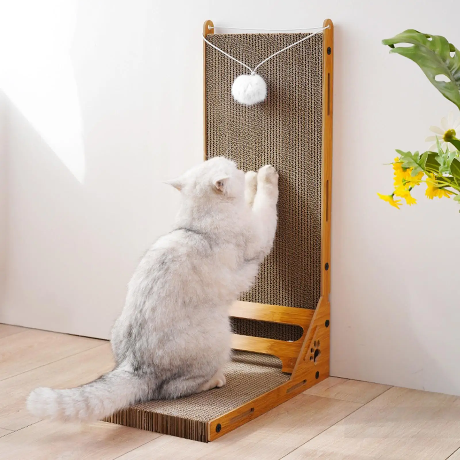 Vertical Cat Scratcher with Hanging Toy Ball, Cardboard Scratch Pad Scratching