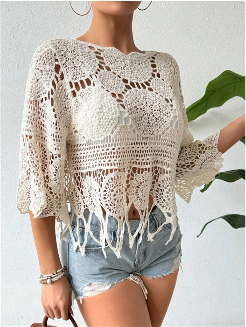 

Women's Sexy Tassel Hollow Out Knit Blouse Crop Top Crochet Bikini Cover Up Boho Beach Swimwear Summer Sexy Swimsuit Blusa