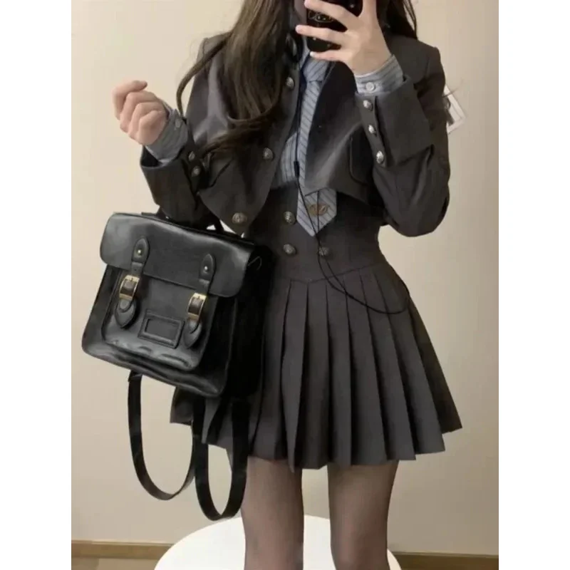 الشتاء خمر 3 قطعة مجموعة المرأة المرقعة Kawaii تنورة دعوى الإناث الكورية موضة معطف قصير مطوي تنورة مخطط قميص 2024