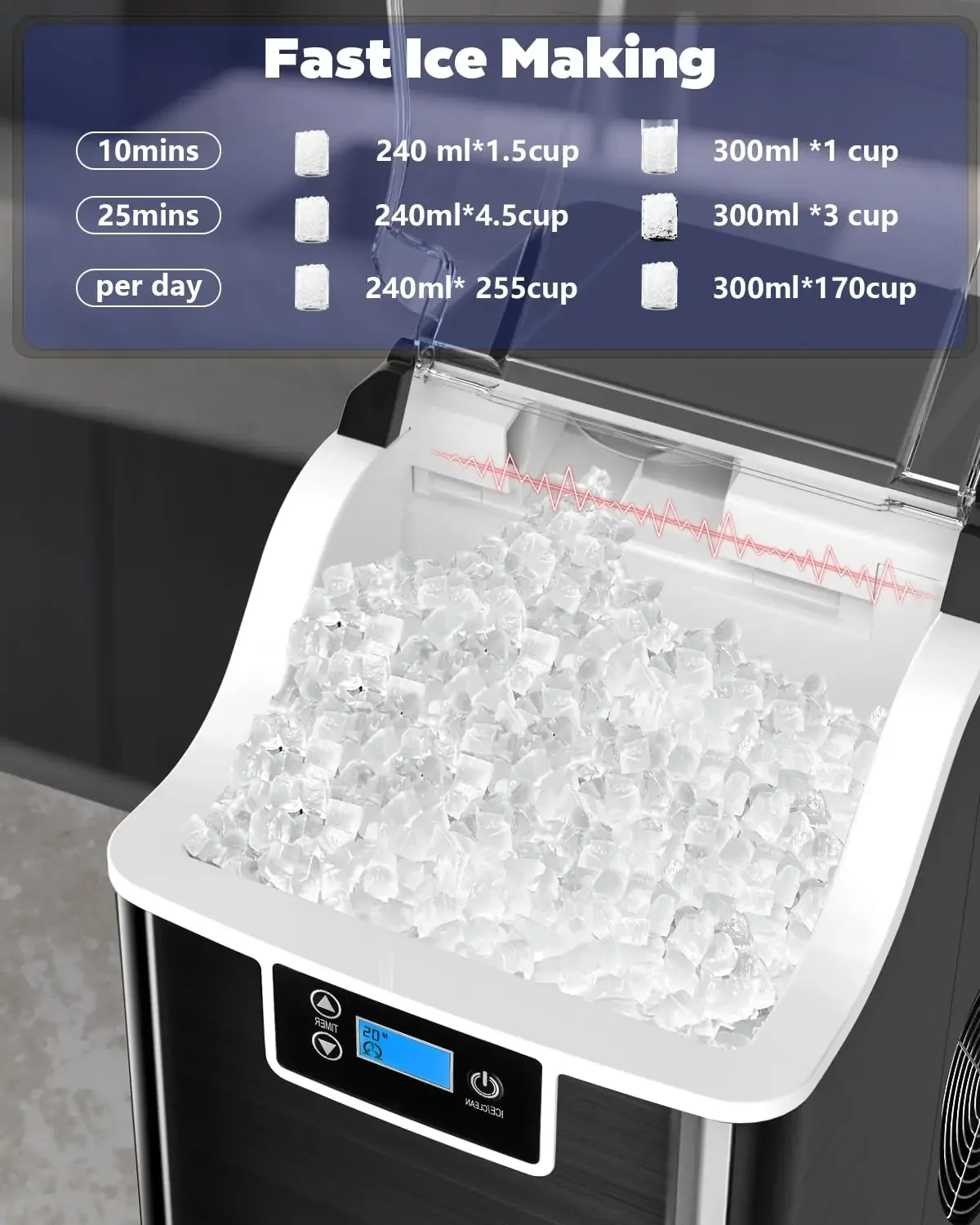 Máquina compacta de hielo para encimera con capacidad de 45lbs/día, máquina de hielo triturado para encimera con temporizador de 24H, autolimpieza