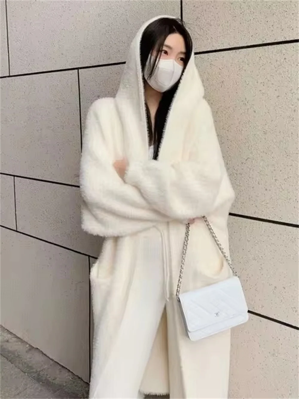 

white Long Cardigan for women 2024 new winter clothes Knitted fluffy long sleeve Cashmere sweater coat korean style warm vintage