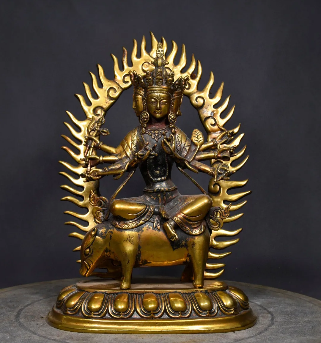 Tibetan brass gilt pig riding Buddha statue Molly Buddha home decoration Buddhist hall supplies ornament 34cm