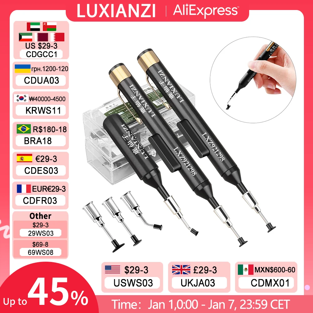 LUXIANZI Vacuum Suction Pen Kit with 3 Sucker IC SMD Tweezers Pick Up Tool Remover Sucker Pump Solder Desoldering ​Sucking Pens