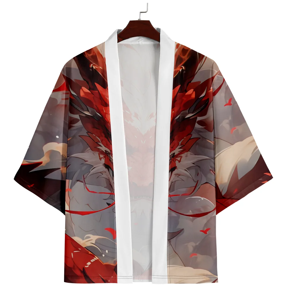 

Summer Dragon Print Kimono Streetwear Traditional Cardigan 3/4 Sleeve Shirt Haori Fashion Men Women Beach Yukata