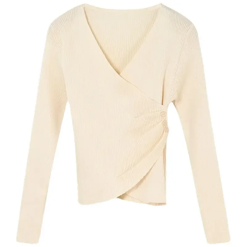 

Women Short Base Tops Pure Color New Autumn V-neck Slim Irregular Sweater