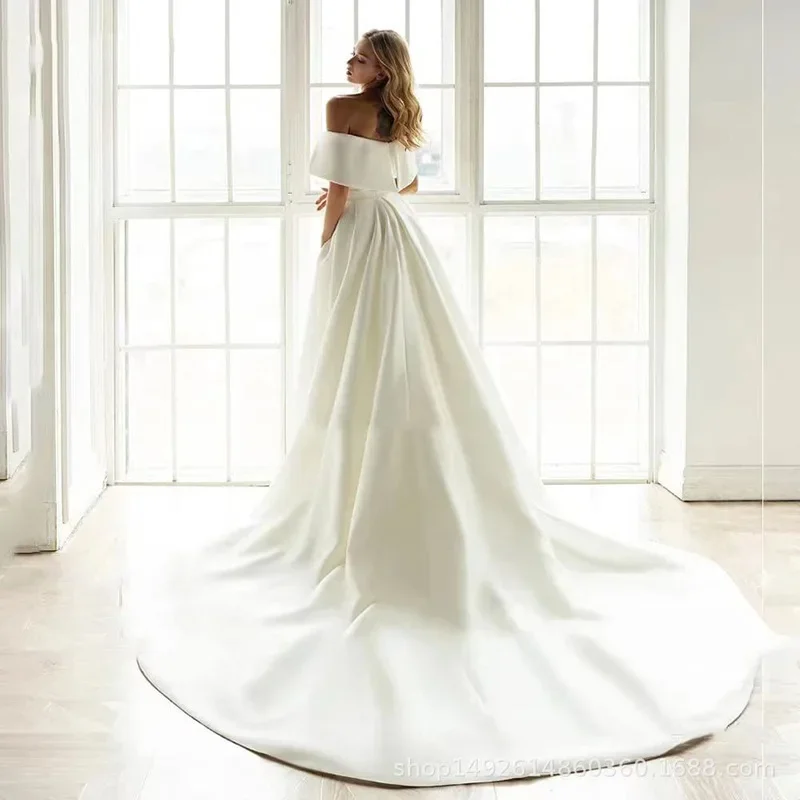 New 101 satin long tail temperament one shoulder wedding dress evening dress