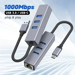 Adaptador tipo C A Ethernet, Hub multipuerto 4 en 1 con puertos Gigabit RJ45 3 x USB 3,0, Compatible con MacBook Pro Air