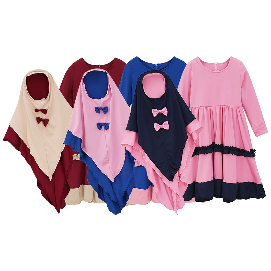 Children Clothing Spring and Autumn Muslim Cute Style Girls Long Sleeved Dress Paired With The Same Color Scheme Headscarf Sets