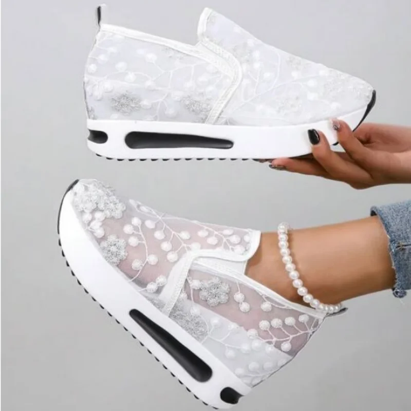 women's Sneakers Floral Embroidery Mesh Sneakers For Women Slip On Casual Comfy Heeled Shoes Woman