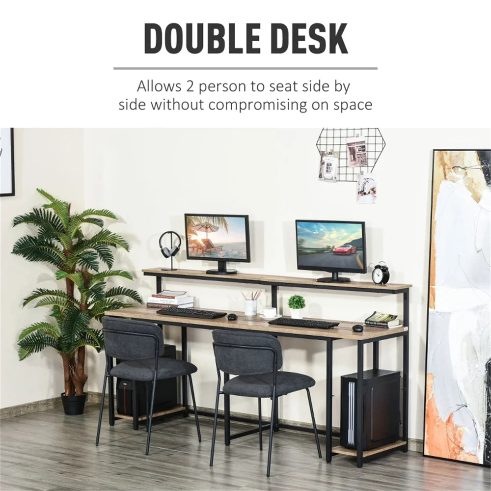 

double open desktop, double elevated monitor rack, double CPU shelf