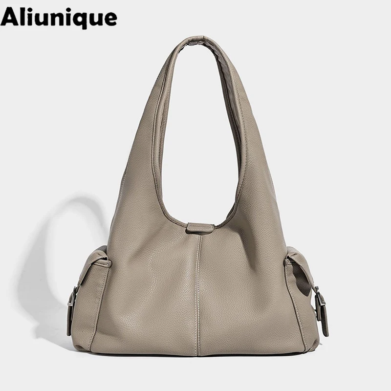 Aliuinique 2026 Trendy Large Capacity Bucket Bag Commuter Tote Bag Single Shoulder Women's Versatile Simple Soft PU Magnetic Bag
