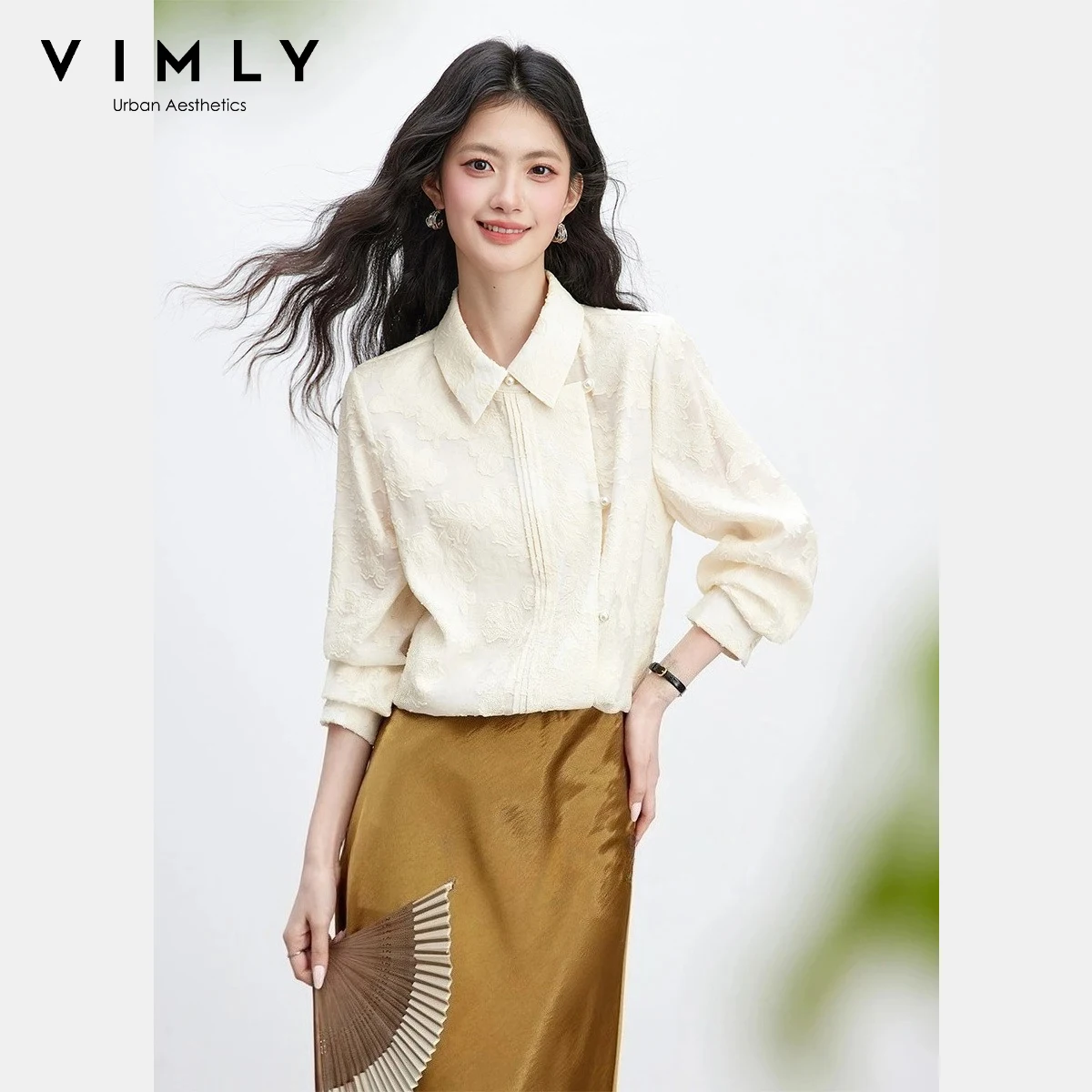 

VIMLY Elegant Apricot Blouse Women 2026 Spring New Jacquard Textured Asymmetric Placket Turn-Down Collar Casual Daily Top A3910