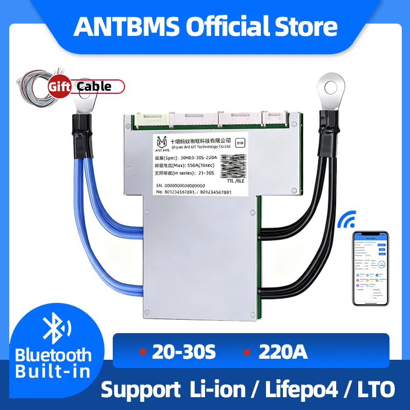 ANT BMS 20S 21S 22S 23S 24S 25S 26S 27S 28S 29S 30S smart BMS 220A peak 550A Li-Ion LiFePo4 LTO Battery BT Built-in BMS Balance
