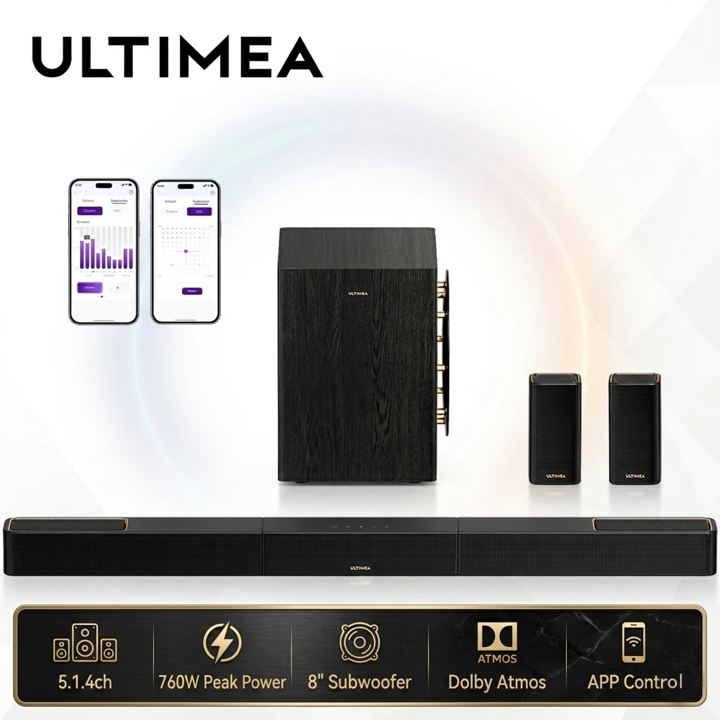 

ULTIMEA 760W 5.1.4ch Soundbar with Dolby Atmos, Surround Sound System TV Sound Bar with 8" Subwoofer & 2 Wireless Rear Speakers