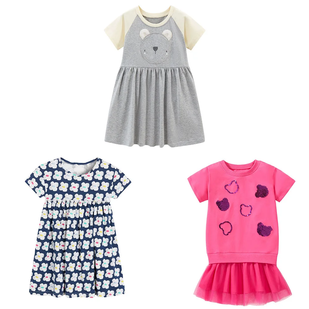 

Jumping Meters 2-7 Years Bear Embroidery Summer Princess Baby Girls Dresses Party Birthday Kids Short Sleeve Clothing