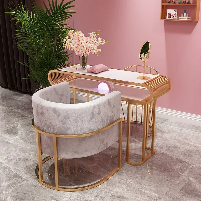 Luxury Nail Care Spa Manicure Desk Salon Furniture Gold Frame Marble Top Nail Salon Table For Sale