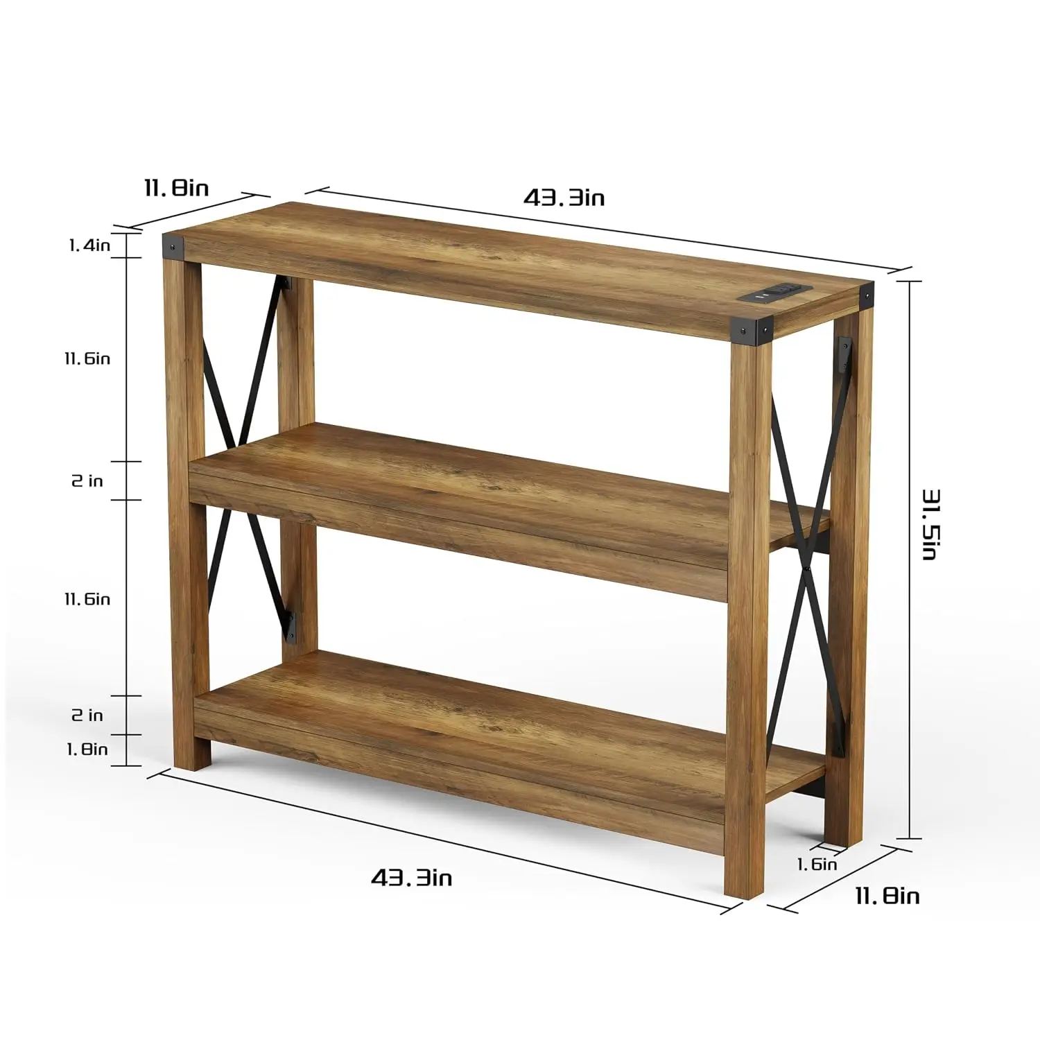 Entryway Console Table With Outlets & USB Ports, 3-Tier Open Shelves, Metal X-Design For Living Room Hallway, Customized