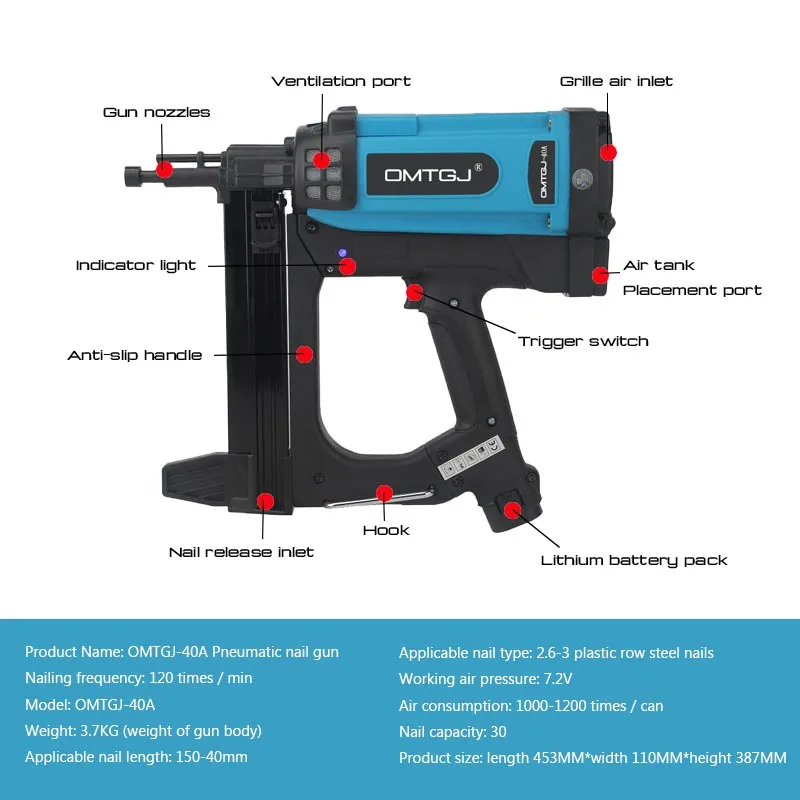 Portable Pneumatic Nail Gun 7. 2V Lithium Battery Electric Nail Gun Air Stapler Pneumatic Tools For Frame And Trunking 110-220V